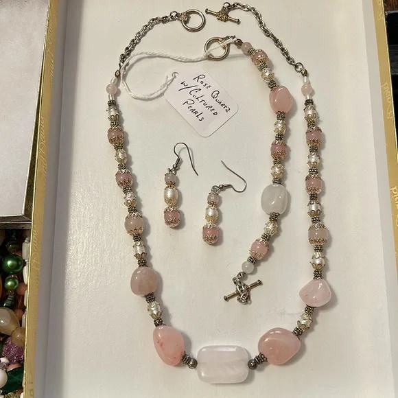 Women’s Beautiful Vintage Rose Quartz Cultured Pearls 3 piece set silver/gold - Picture 5 of 5